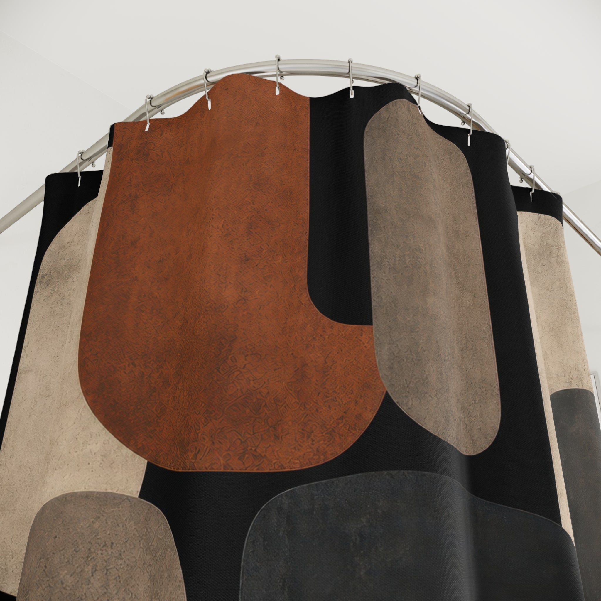 Black Brown Shower Curtain, Modern Geometric Bath Decor, Rust Cream Rounded Block Pattern, Warm Neutral Bathroom Decor, Retro Style
