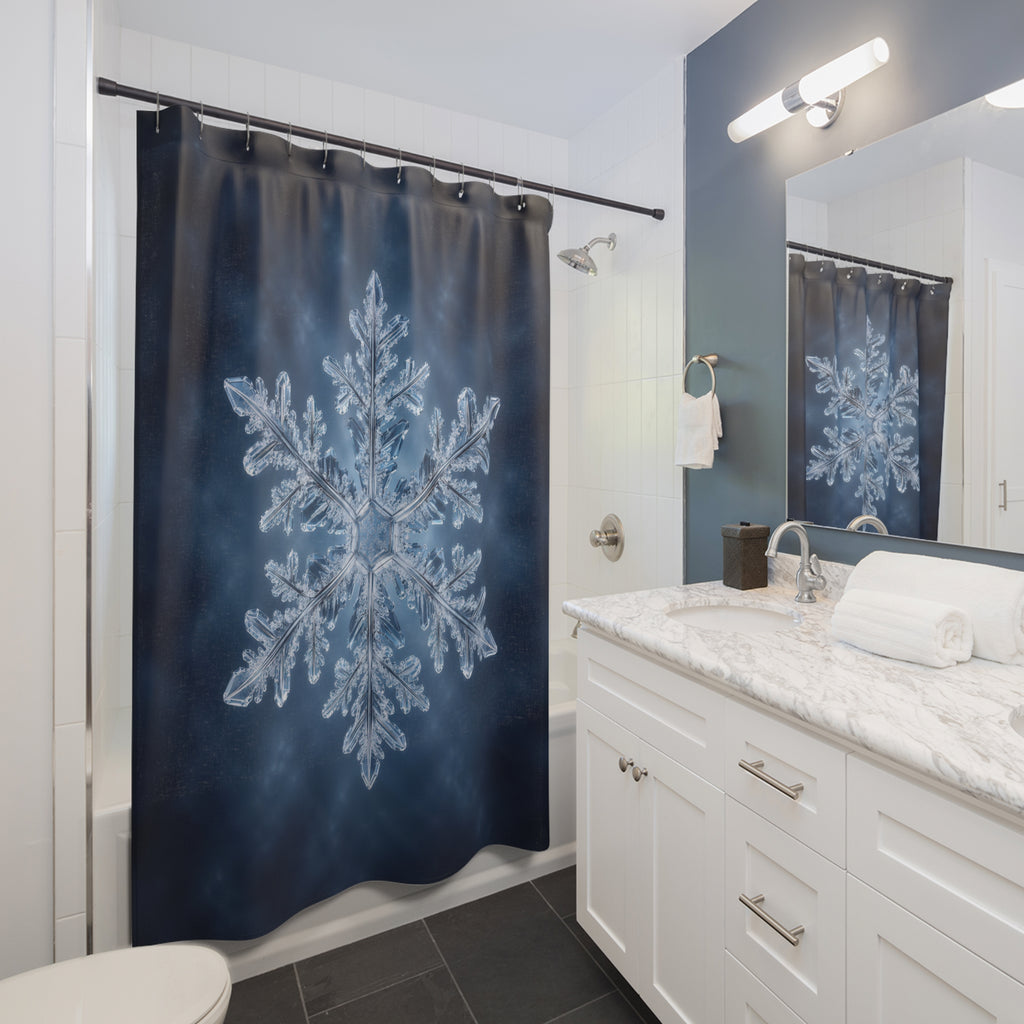 Single ice blue snowflake on a clouded navy background shower curtain beside a white vanity