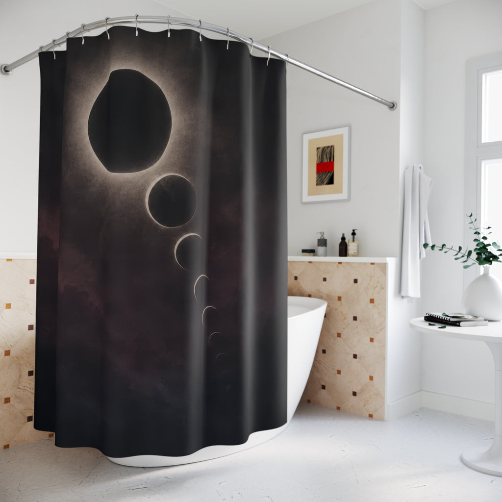Charcoal eclipse with a silver halo and descending orbital forms shower curtain beside a freestanding tub