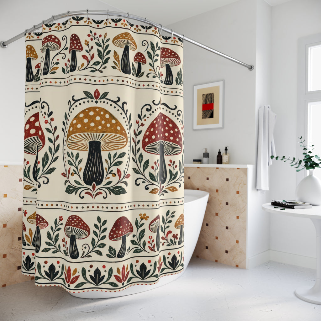 Rust and ochre mushroom folk borders on cream shower curtain beside a freestanding tub