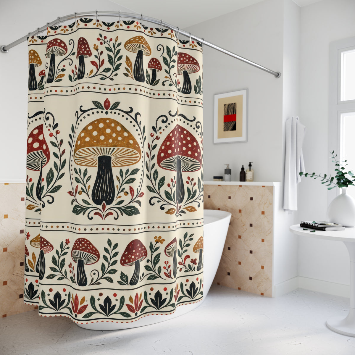 Rust and ochre mushroom folk borders on cream shower curtain beside a freestanding tub