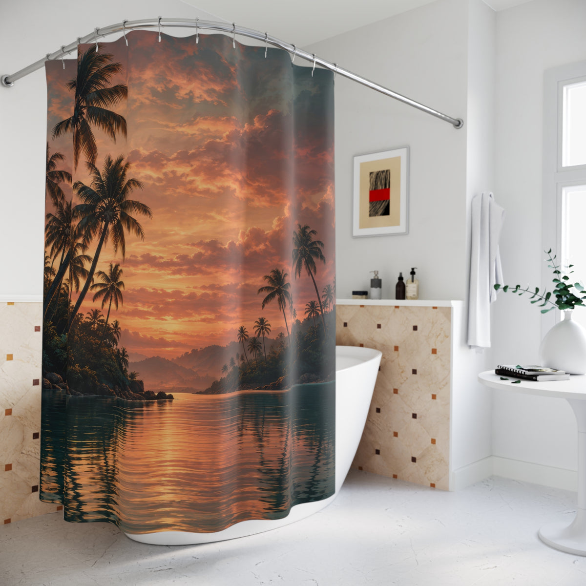 Dark palm trees reflected in teal water under a copper sunset shower curtain beside a freestanding tub