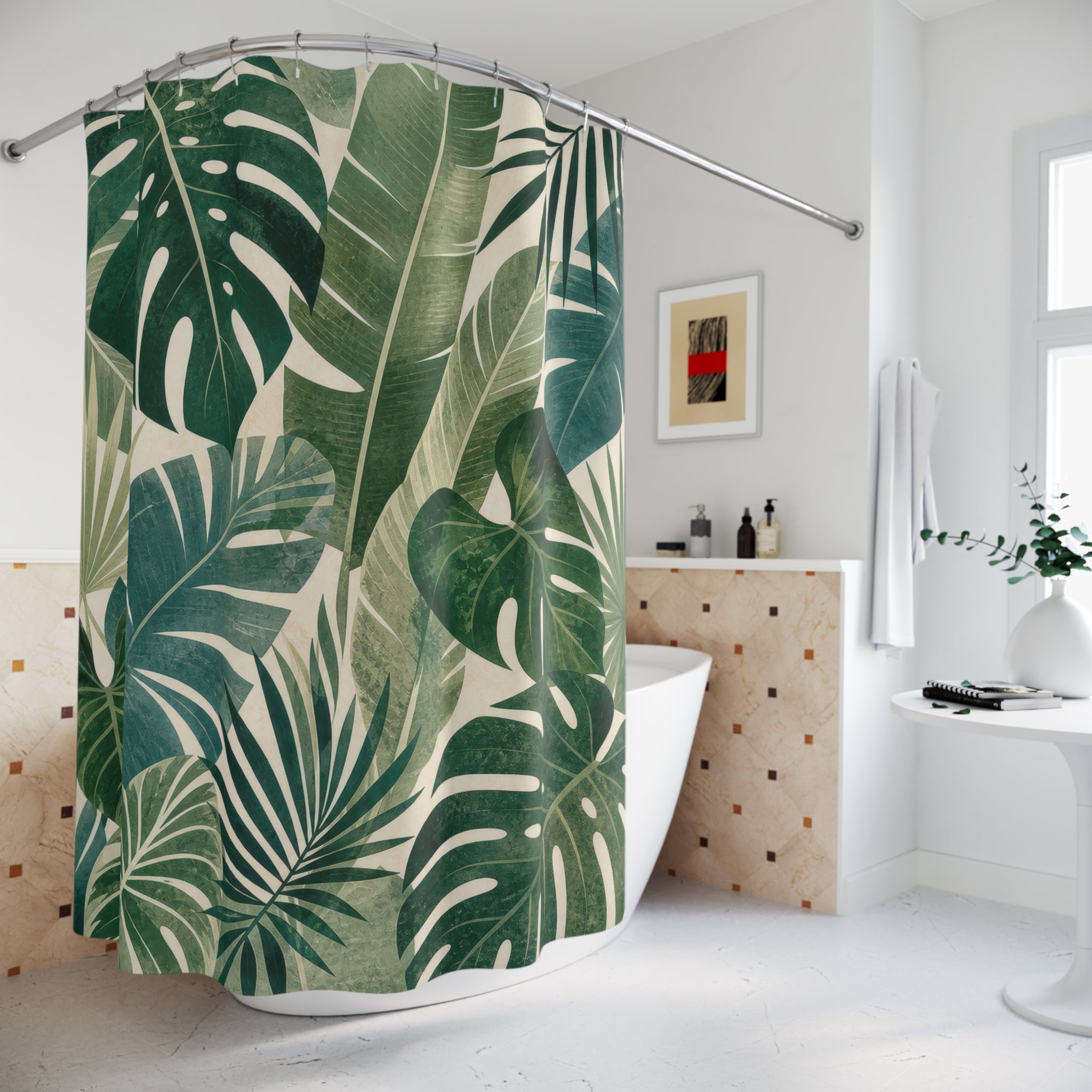 Green Monstera Palm Shower Curtain