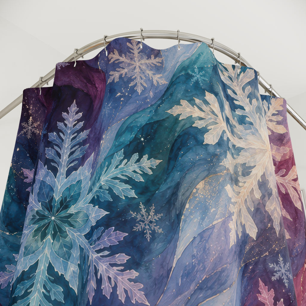 Pastel snowflakes over teal, plum, and pink watercolor currents shower curtain with close-up print, hooks, and folds