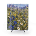 Blue gentians and white daisies beneath lavender mountains shower curtain with full front view
