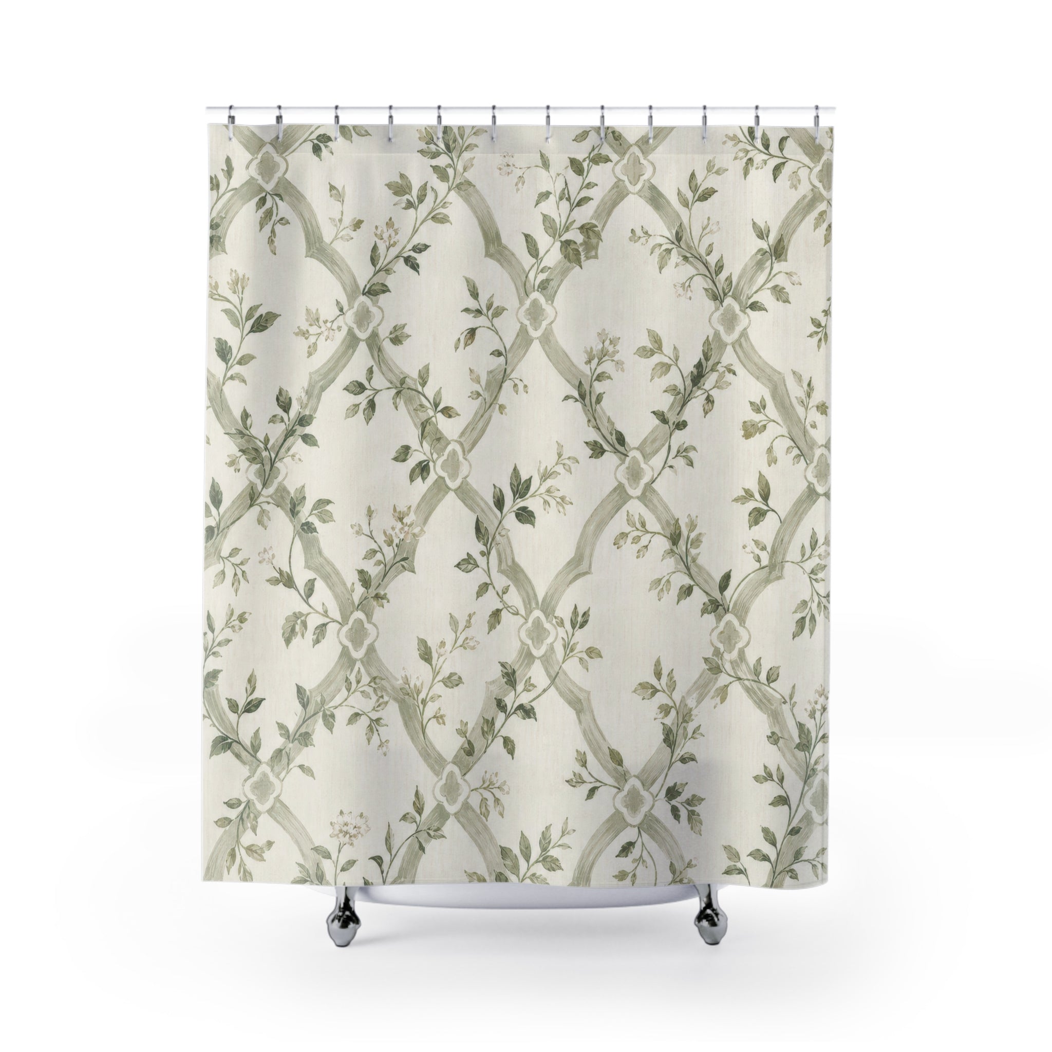 Pale Green Lattice Trellis Floral Shower Curtain