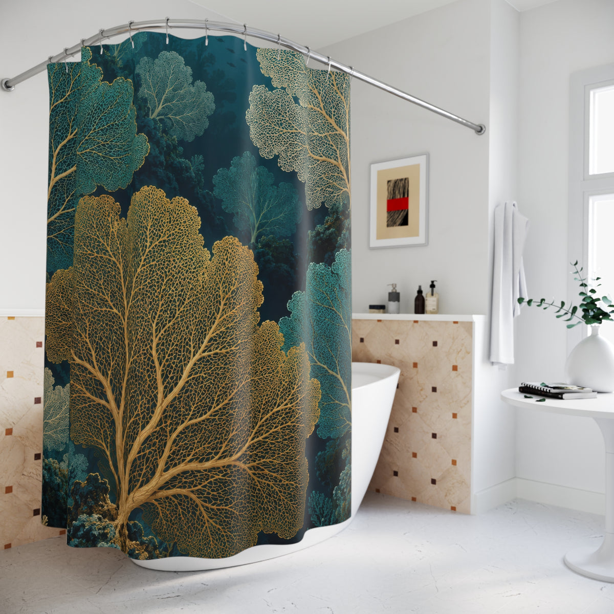 Gold, cream and turquoise sea fan coral in a deep teal reef shower curtain beside a freestanding tub