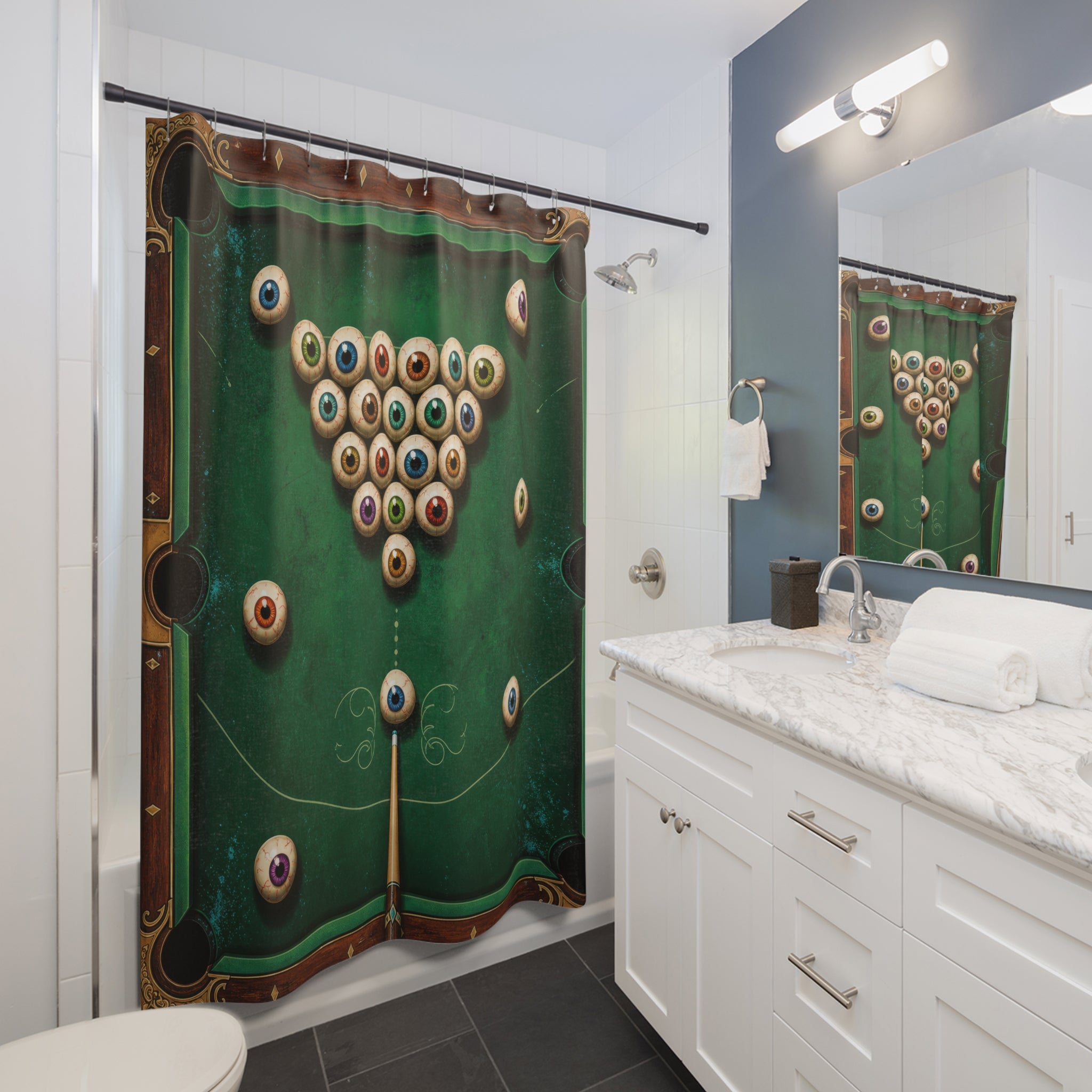 Unique Pool Table Shower Curtain, Billiards Game Room Art, Green Felt Sports Bathroom Decor, Pool Player Wall Decor Guest Bath Gift For Home