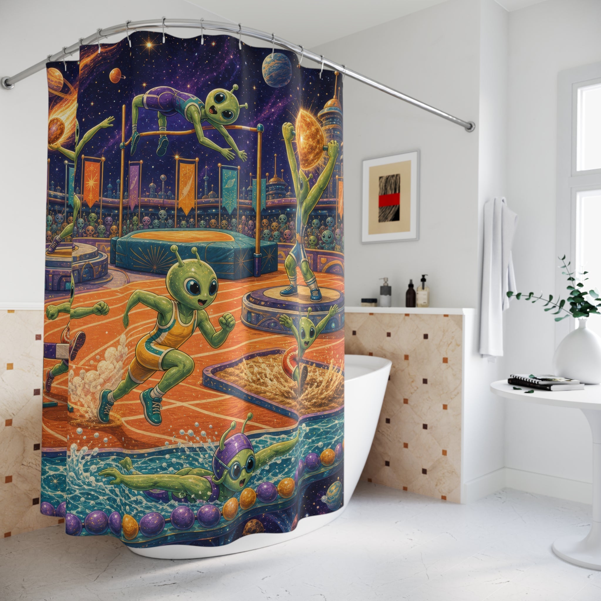 Unique Funny Alien Shower Curtain, Space Olympics Sports Art, Cosmic Stadium Bathroom Decor, Kids Wall Decor Guest Bath Gift For Home