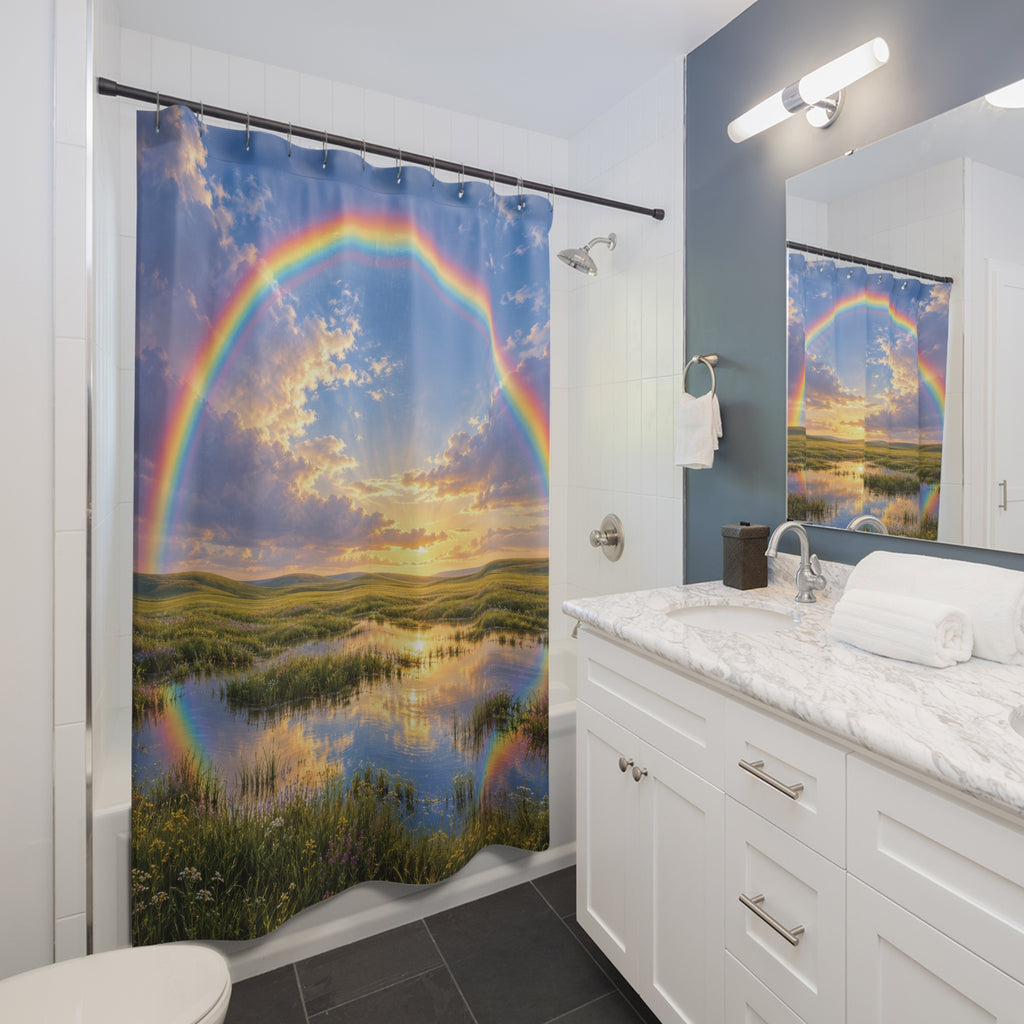 Rainbow over a green meadow and reflective water shower curtain beside a white vanity