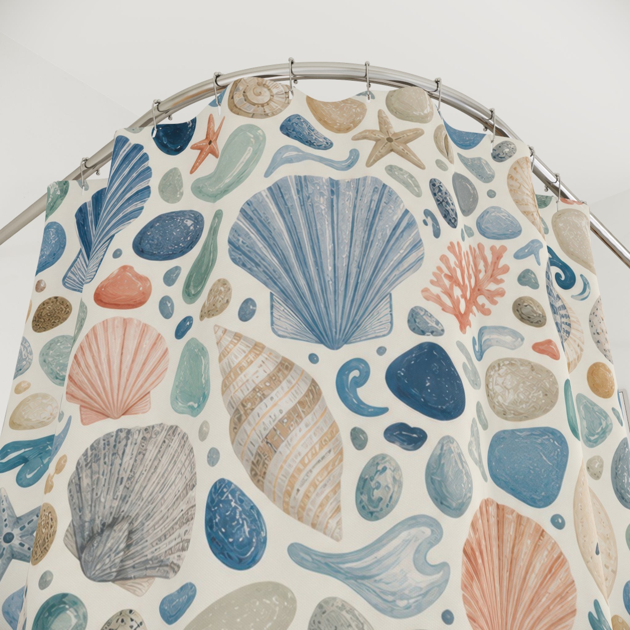 Unique Coastal Shower Curtain, Seashell Terrazzo Pattern, Aqua Peach Beach Decor, Playful Ocean Guest Bath, Aqua Shell Pattern Style