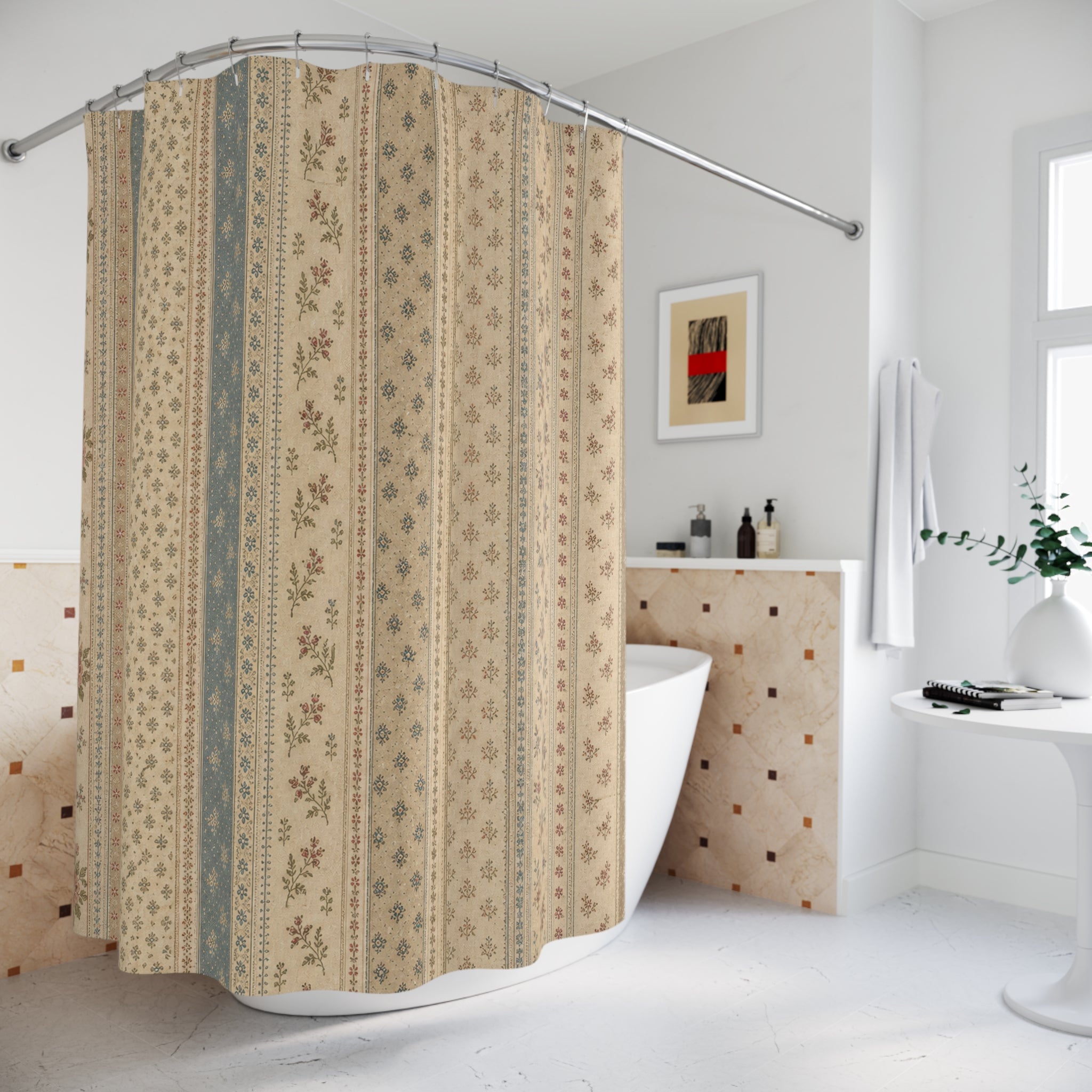 Vintage Farmhouse Beige Striped Shower Curtain