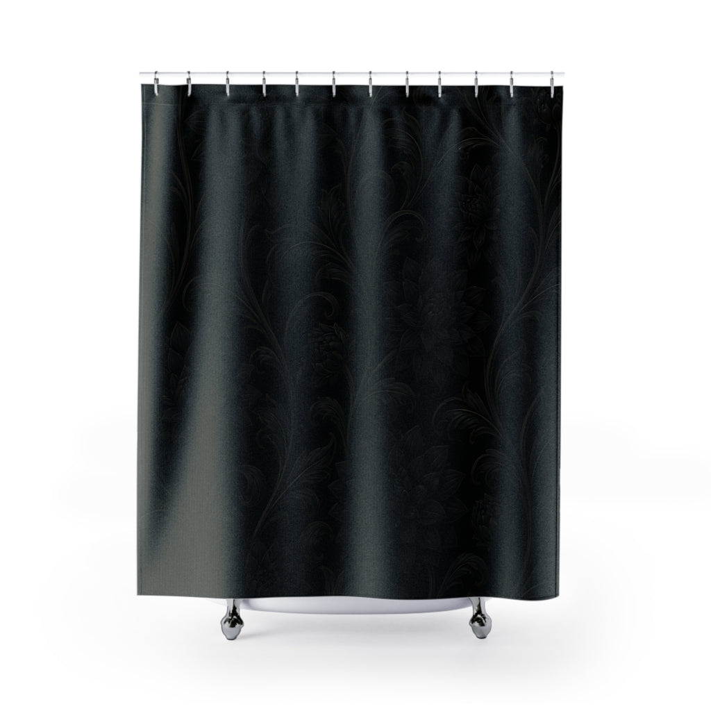 Black dahlias and acanthus leaves in a tone-on-tone pattern shower curtain, full front view