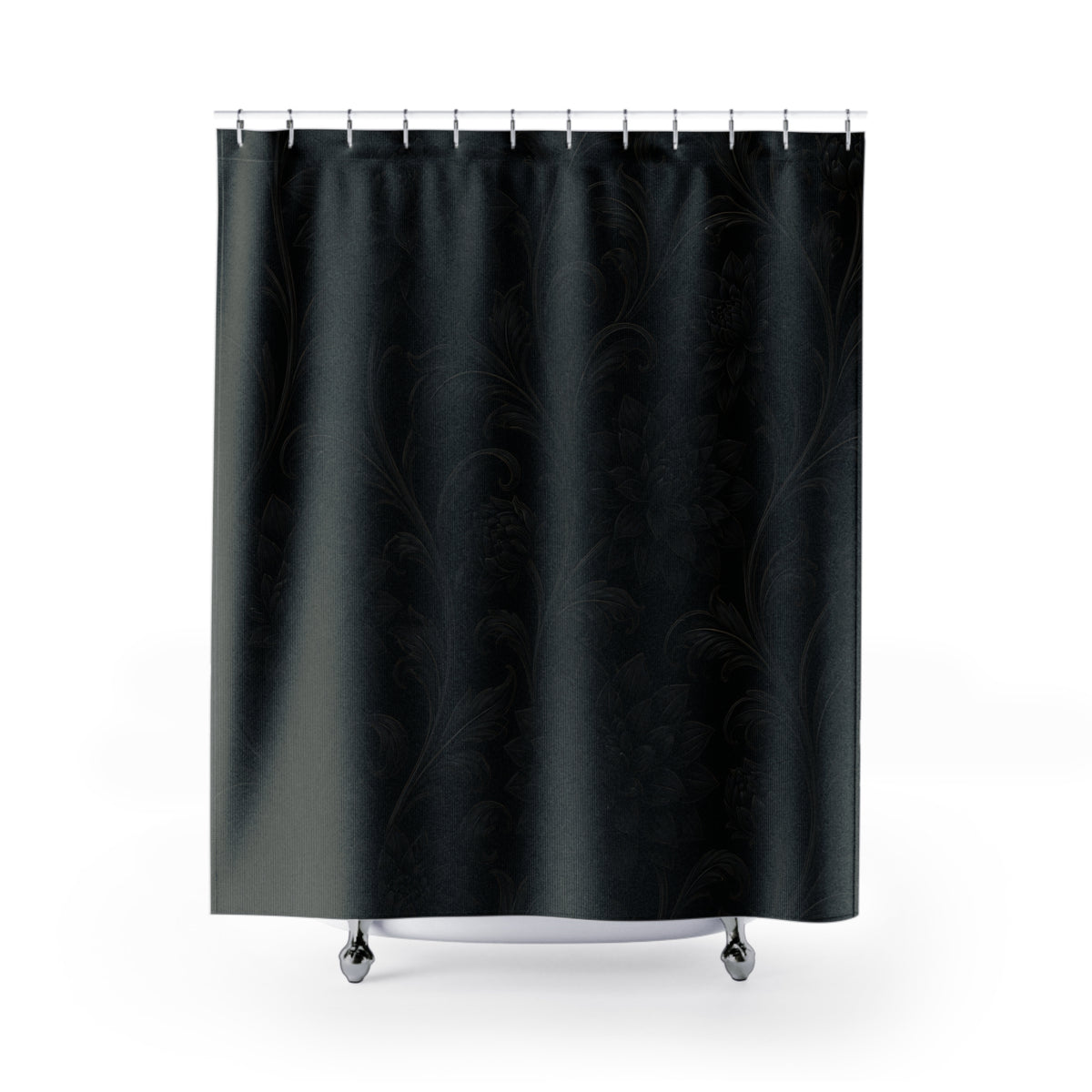 Black dahlias and acanthus leaves in a tone-on-tone pattern shower curtain, full front view