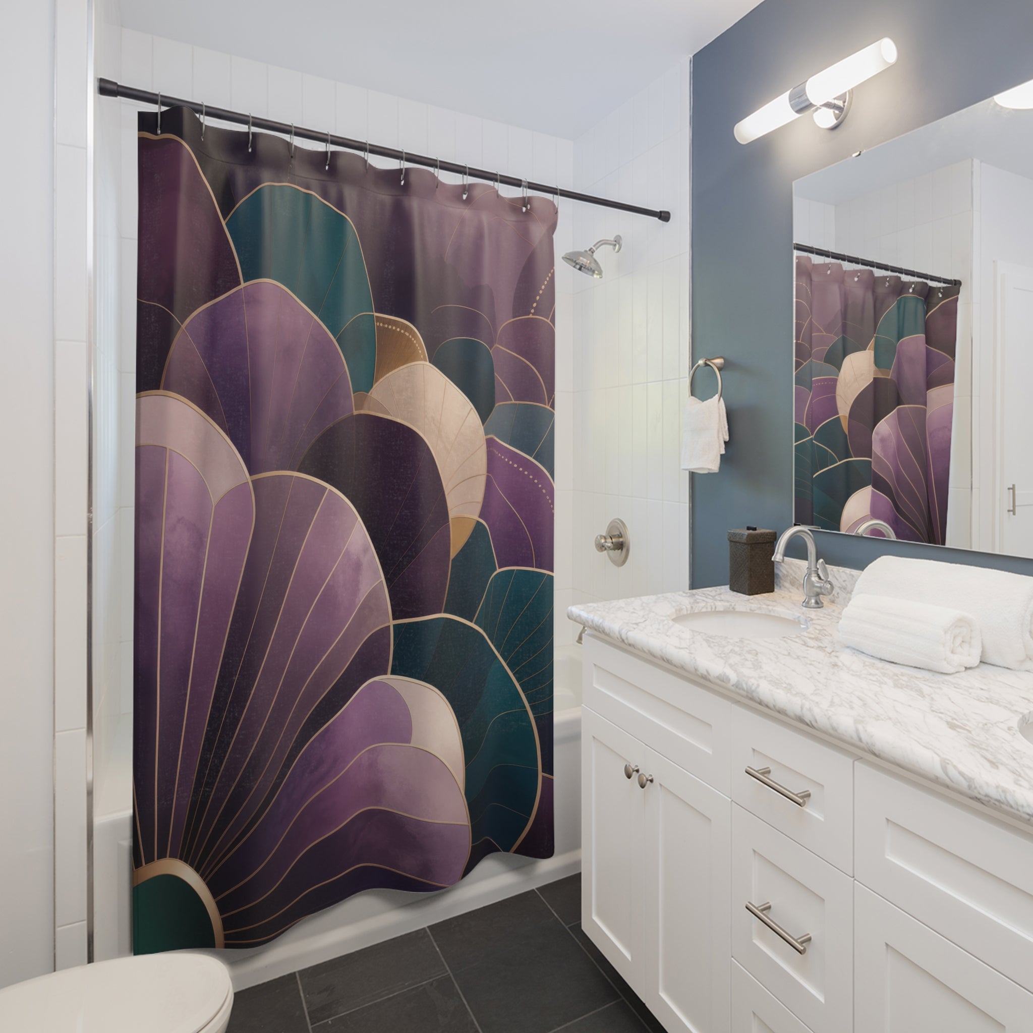 Purple and teal Neo Art Deco fan and scallop cascade shower curtain beside a white vanity