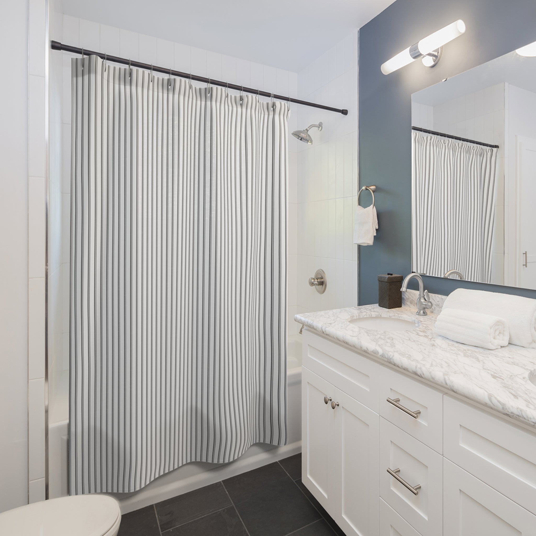 Grey Pinstripe Shower Curtain — Classic Ticking