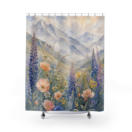 Alpine Wildflower Mirage painterly multicolor shower curtain with full front view