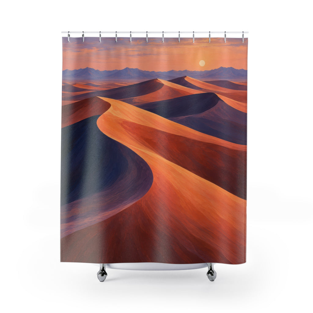 Painted orange dunes with purple canyon layers at sunset shower curtain with full front view