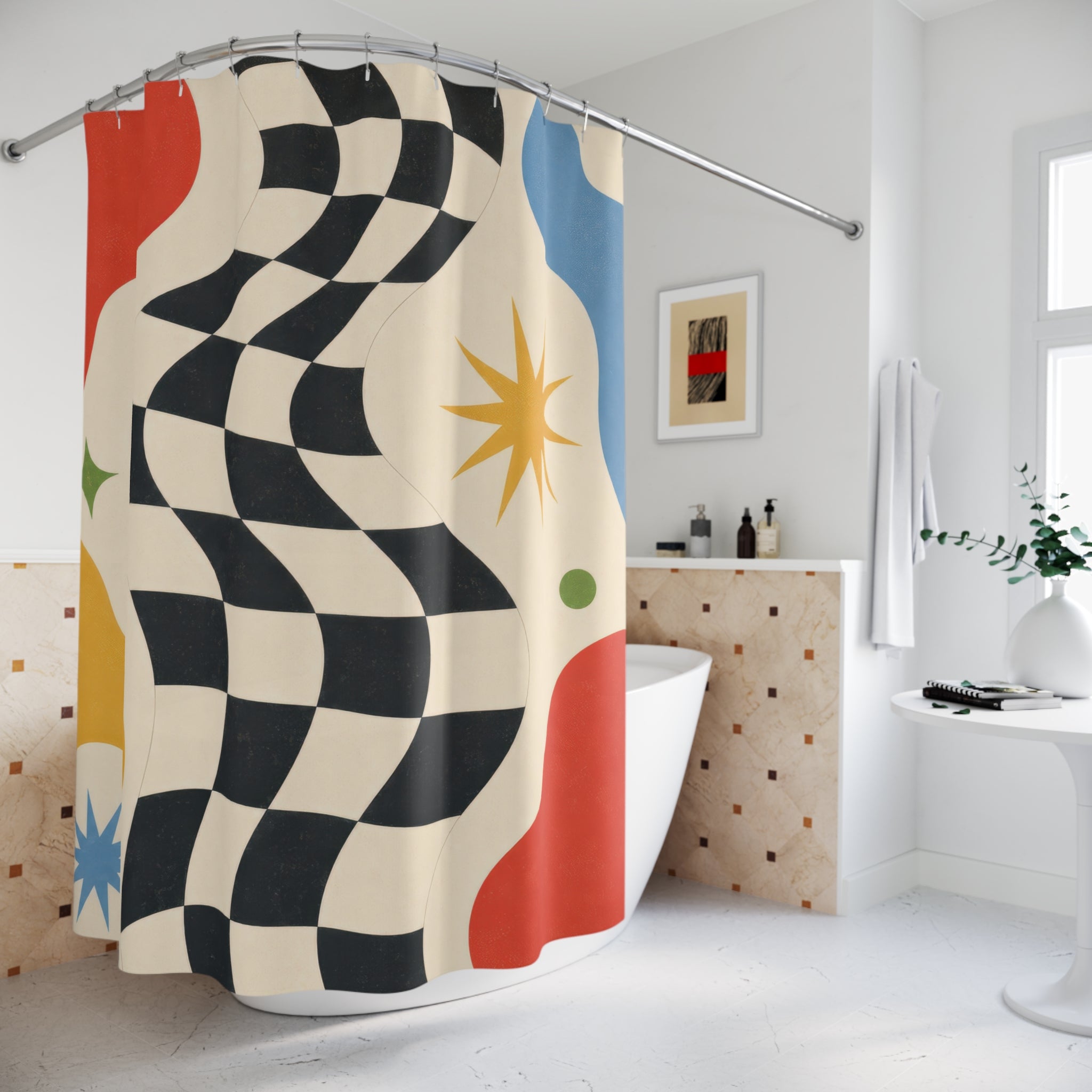 Checkered Star Beige Black Blue Shower Curtain