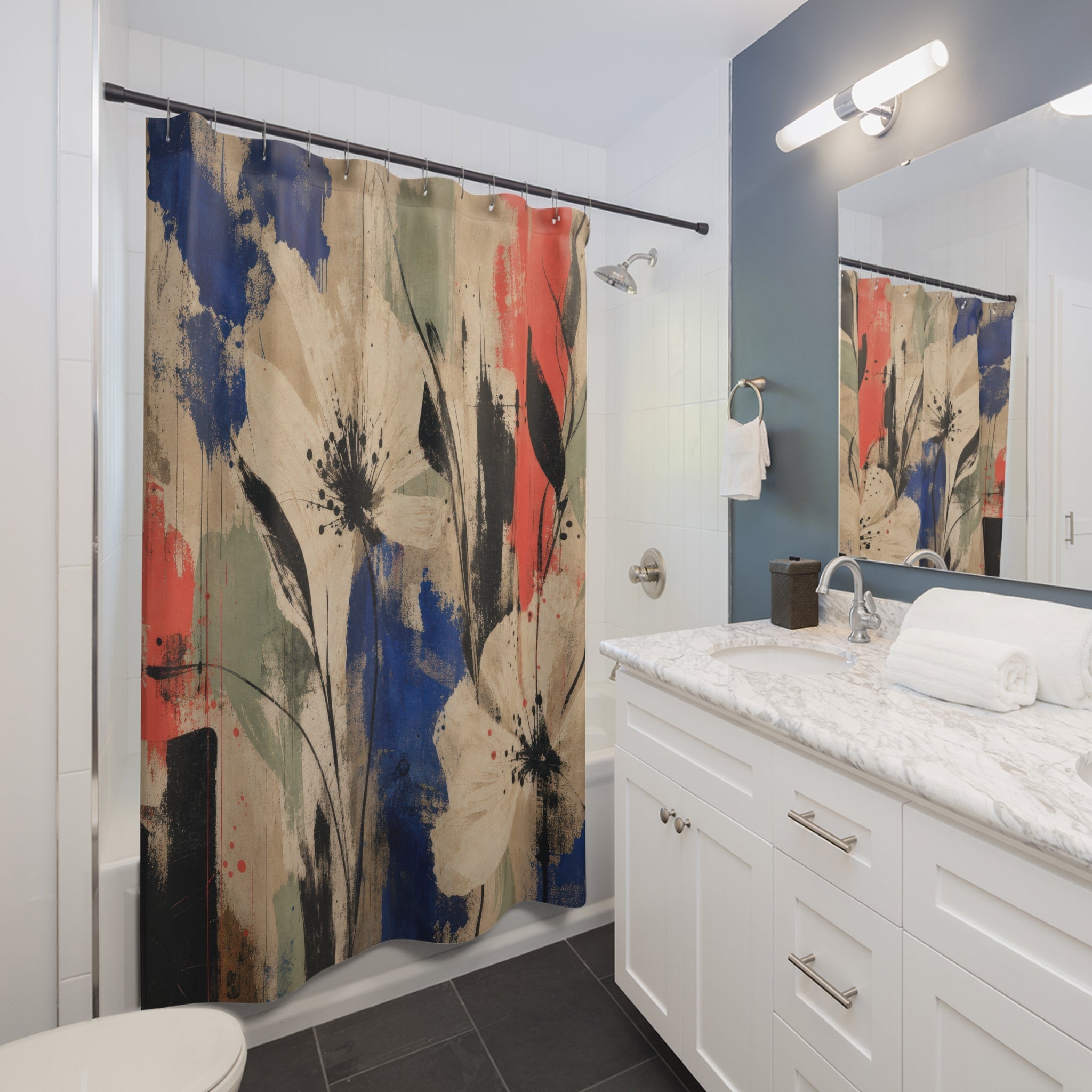 White Abstract Floral Shower Curtain