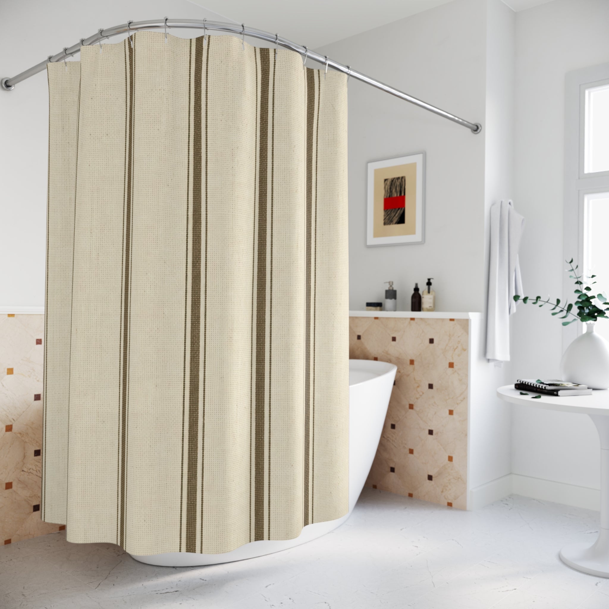 Brown Striped Shower Curtain, Cream Dark Brown Bath Decor, Classic Vertical Stripe Pattern, Modern Farmhouse Guest Bathroom Decor Style