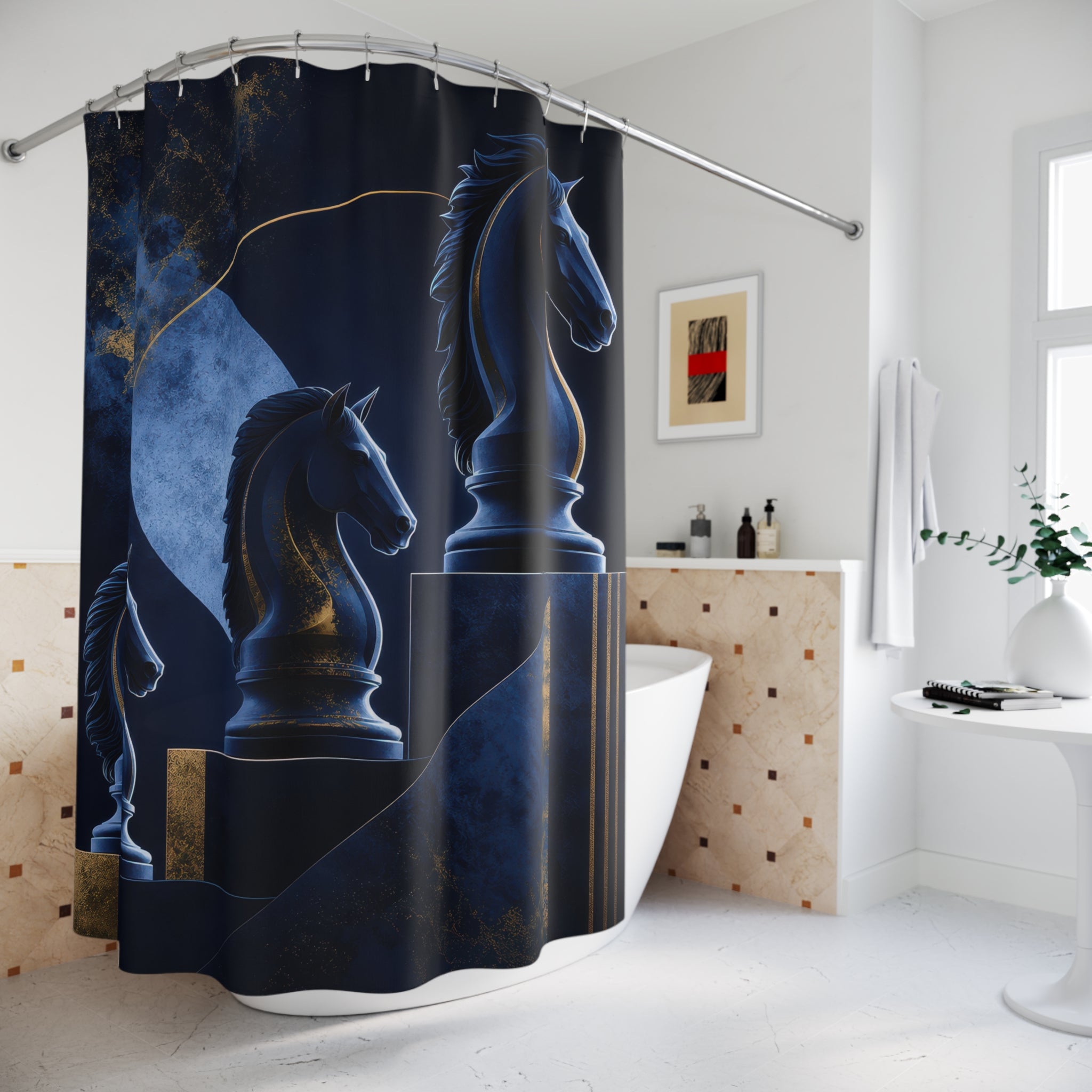 Chess Knight Navy Shower Curtain