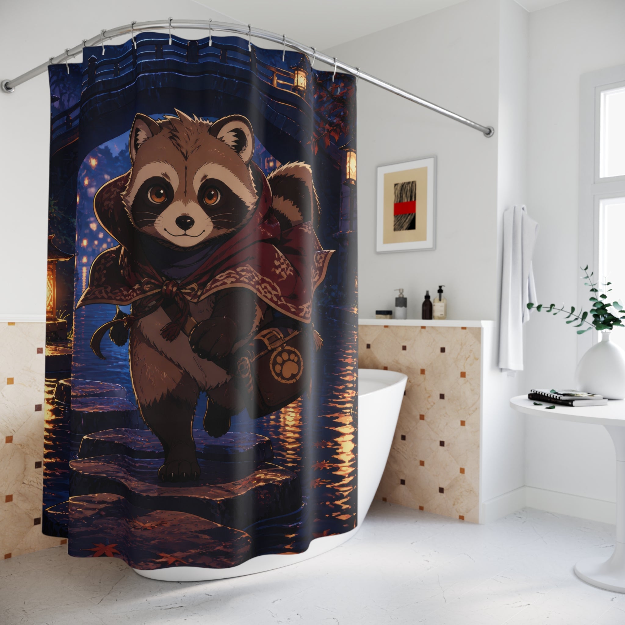 Tanuki lantern courier crossing an indigo canal at dusk shower curtain beside a freestanding tub