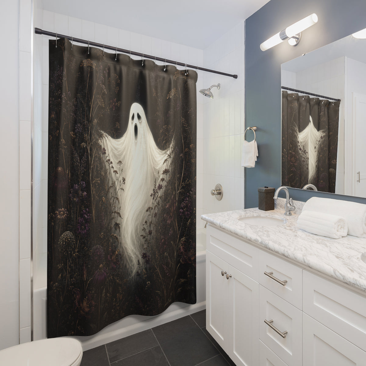 White ghost framed by plum and oxblood wildflowers shower curtain beside a white vanity