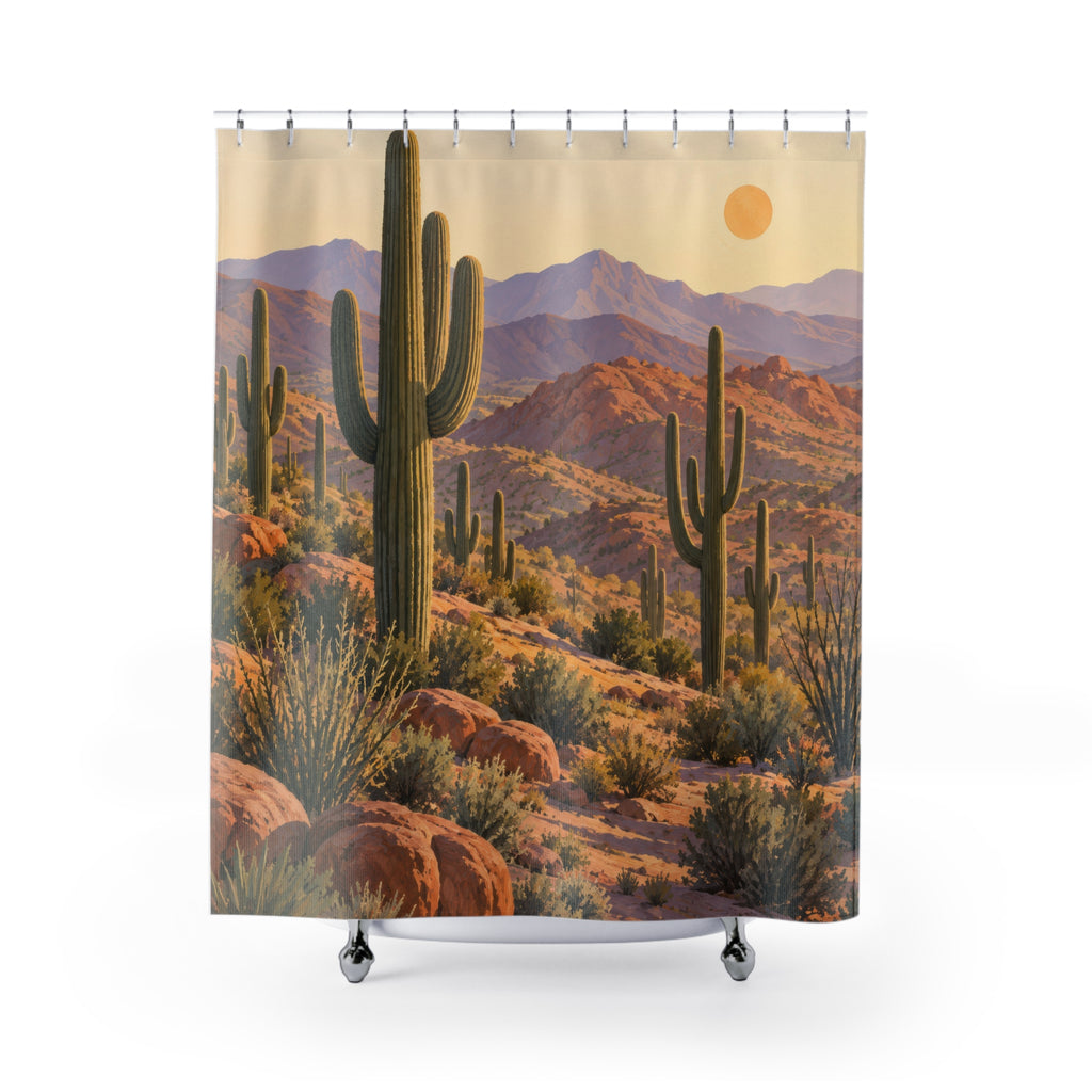 Saguaro cactus with sunrise mesas and flowering desert plants shower curtain with full front view