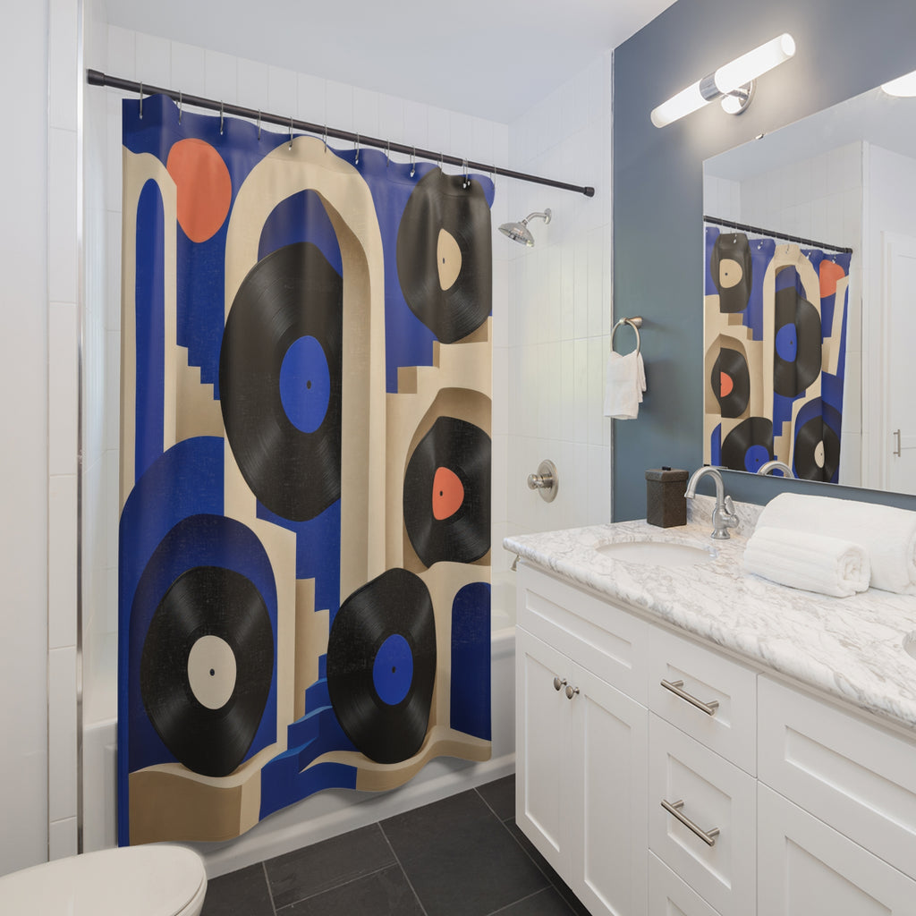 Vinyl records among cobalt and ivory arches shower curtain beside a white vanity