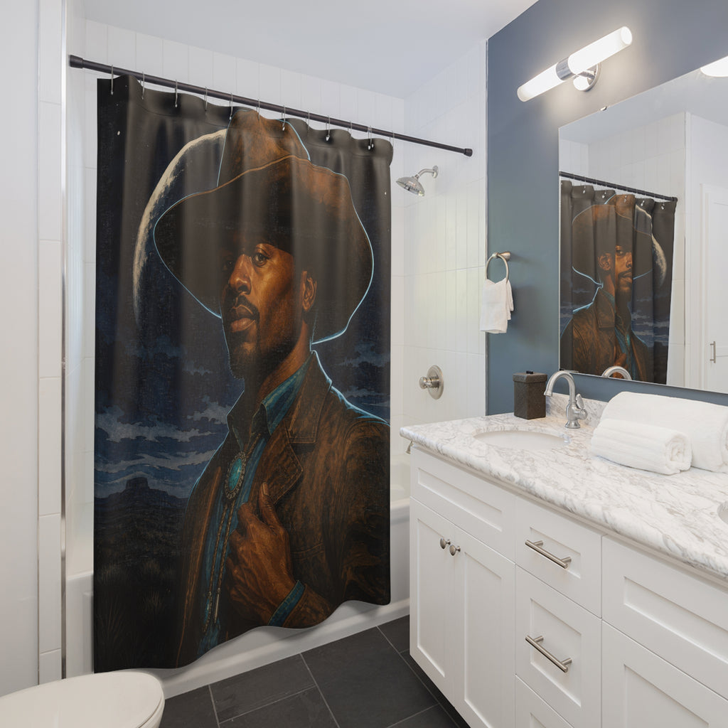 Moonlit cowboy portrait in indigo and copper tones shower curtain beside a white vanity