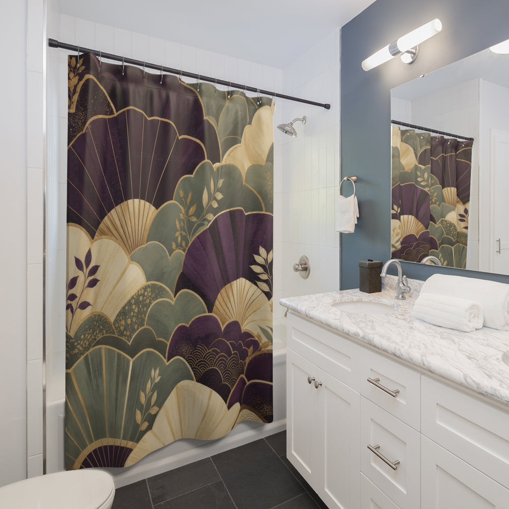 Aubergine & Sage Art Deco Scalloped Shower Curtain