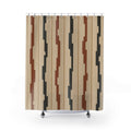 Terracotta and charcoal stepped stripes on sand shower curtain with full front view