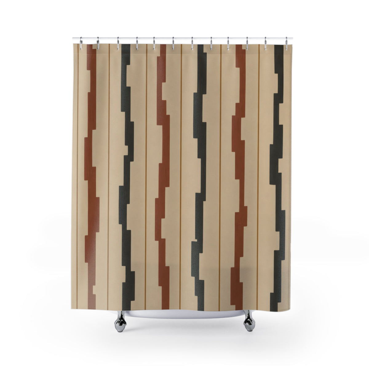 Terracotta and charcoal stepped stripes on sand shower curtain with full front view