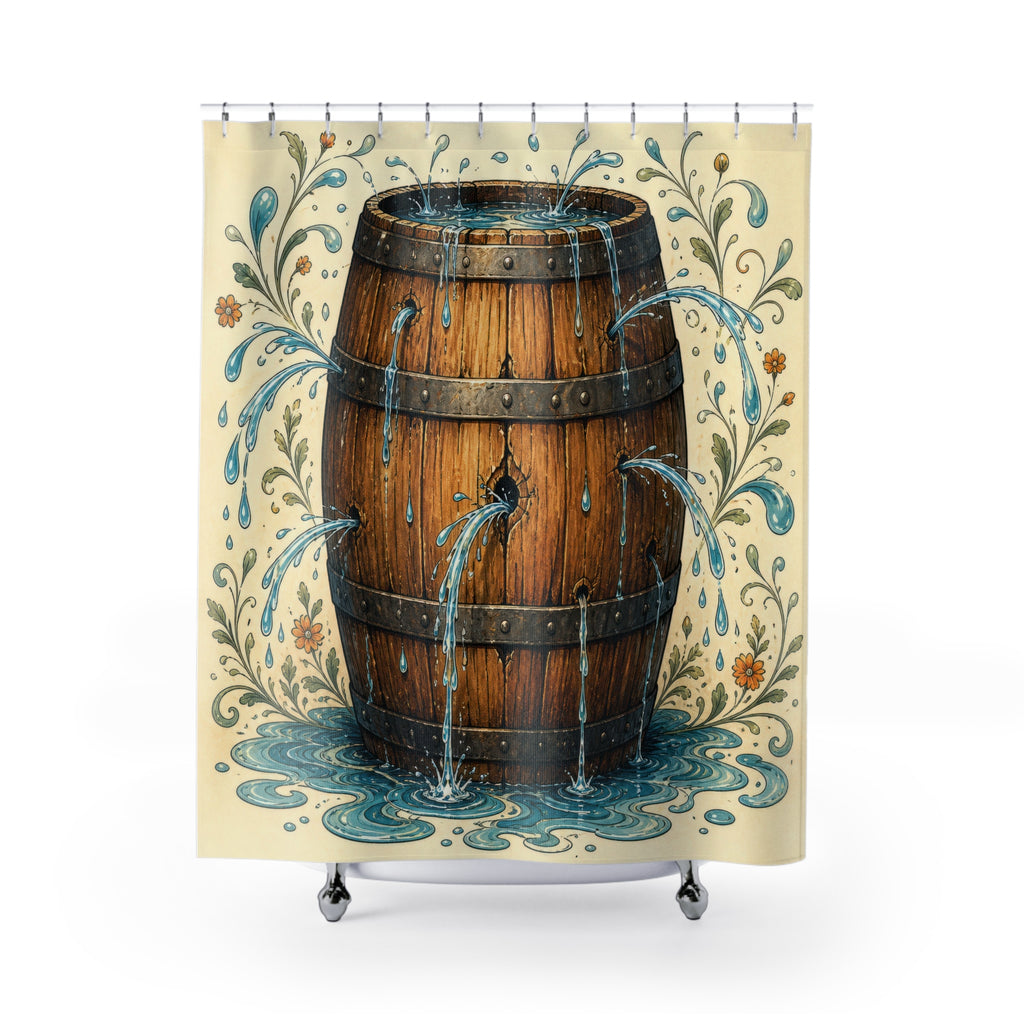 Unique Barrel Shower Curtain, Rustic Water Fountain Art, Blue Folk Floral Bathroom Decor, Farmhouse Guest Bath Rustic Gift For Home