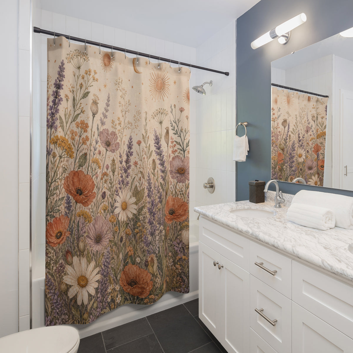 Boho Wildflower Meadow floral vintage shower curtain beside a white vanity