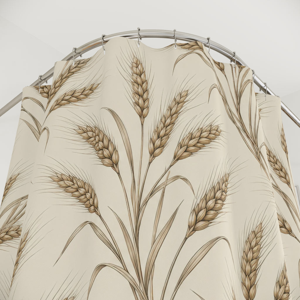 Sepia wheat sprays on cream shower curtain with close-up print, hooks, and folds