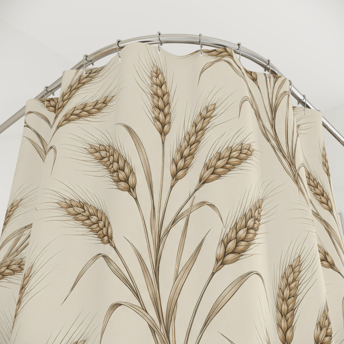 Sepia wheat sprays on cream shower curtain with close-up print, hooks, and folds