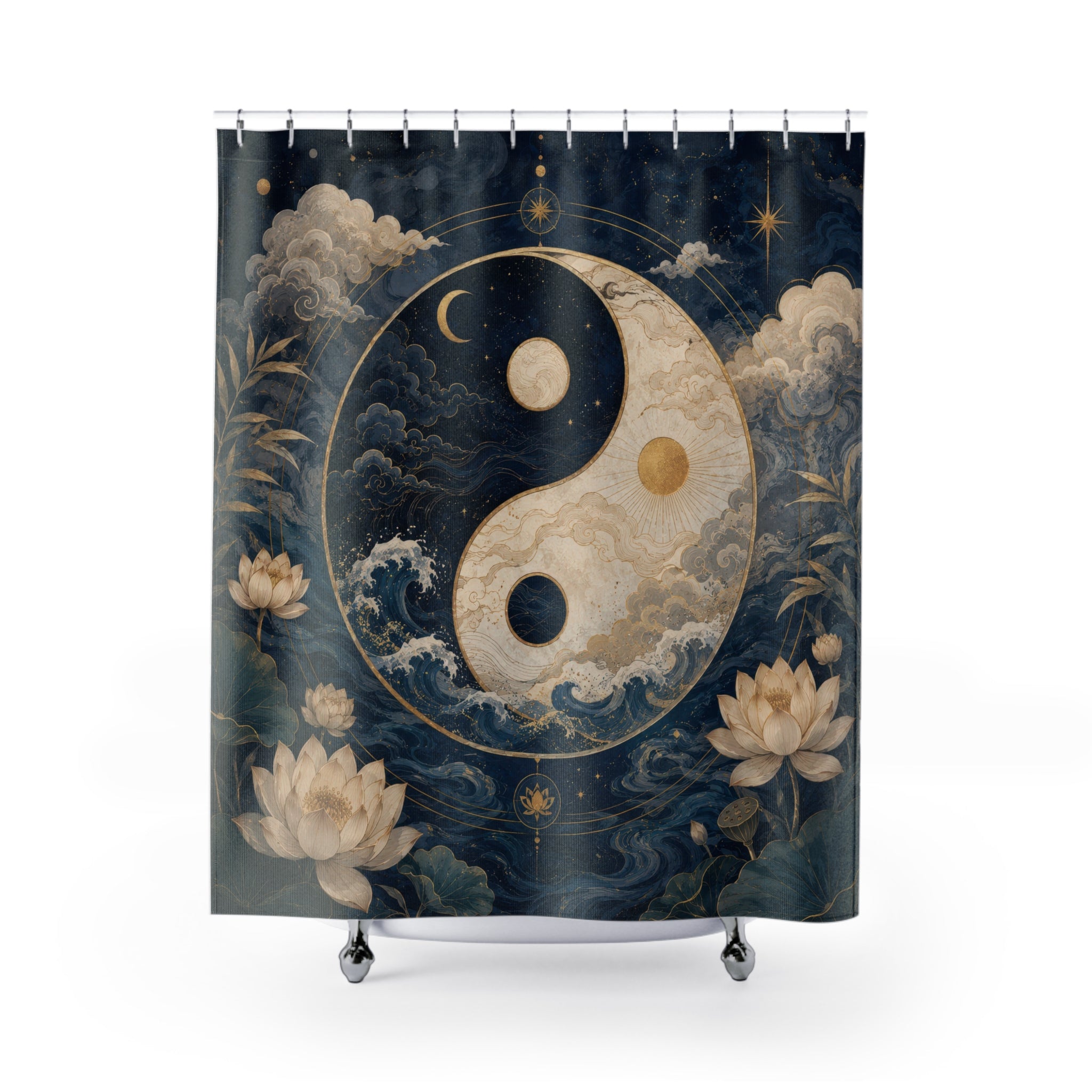 Yin Yang Shower Curtain: Celestial Navy Gold