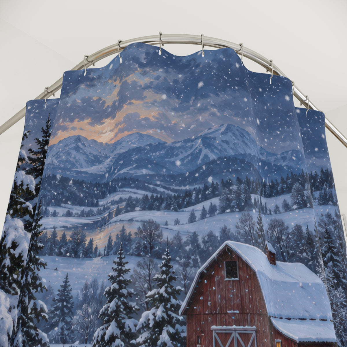 Red barn beside a snowy country lane shower curtain with close-up print, hooks, and folds
