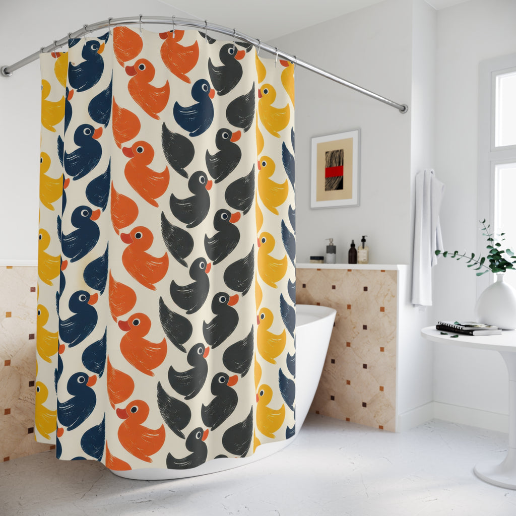 Rubber ducks in yellow orange navy and charcoal rows shower curtain beside a freestanding tub