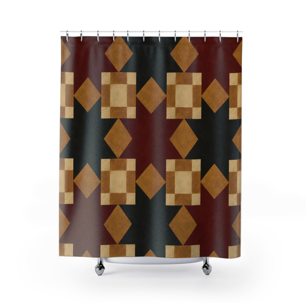Burgundy and charcoal stars with mustard and cream blocks shower curtain with full front view