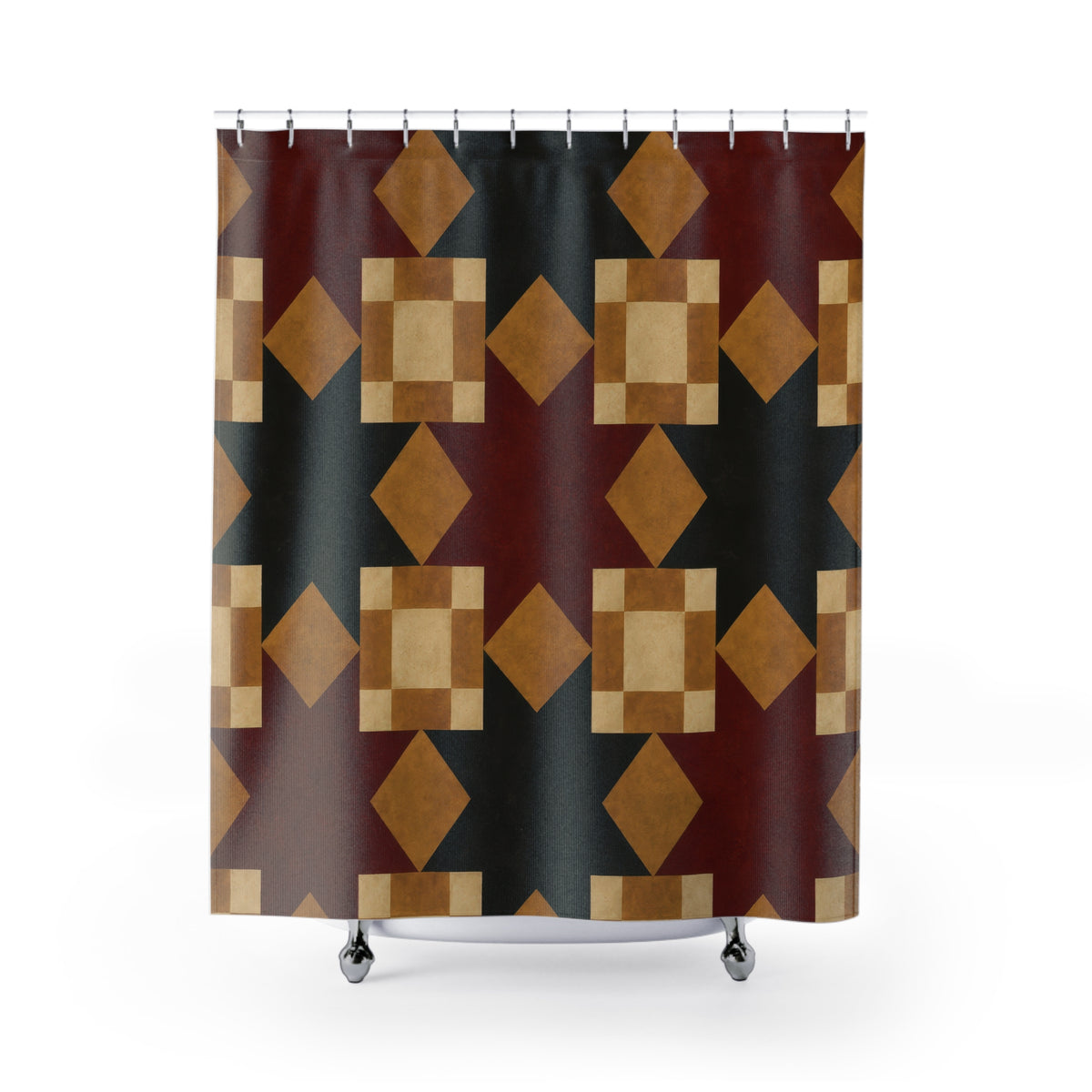 Burgundy and charcoal stars with mustard and cream blocks shower curtain with full front view