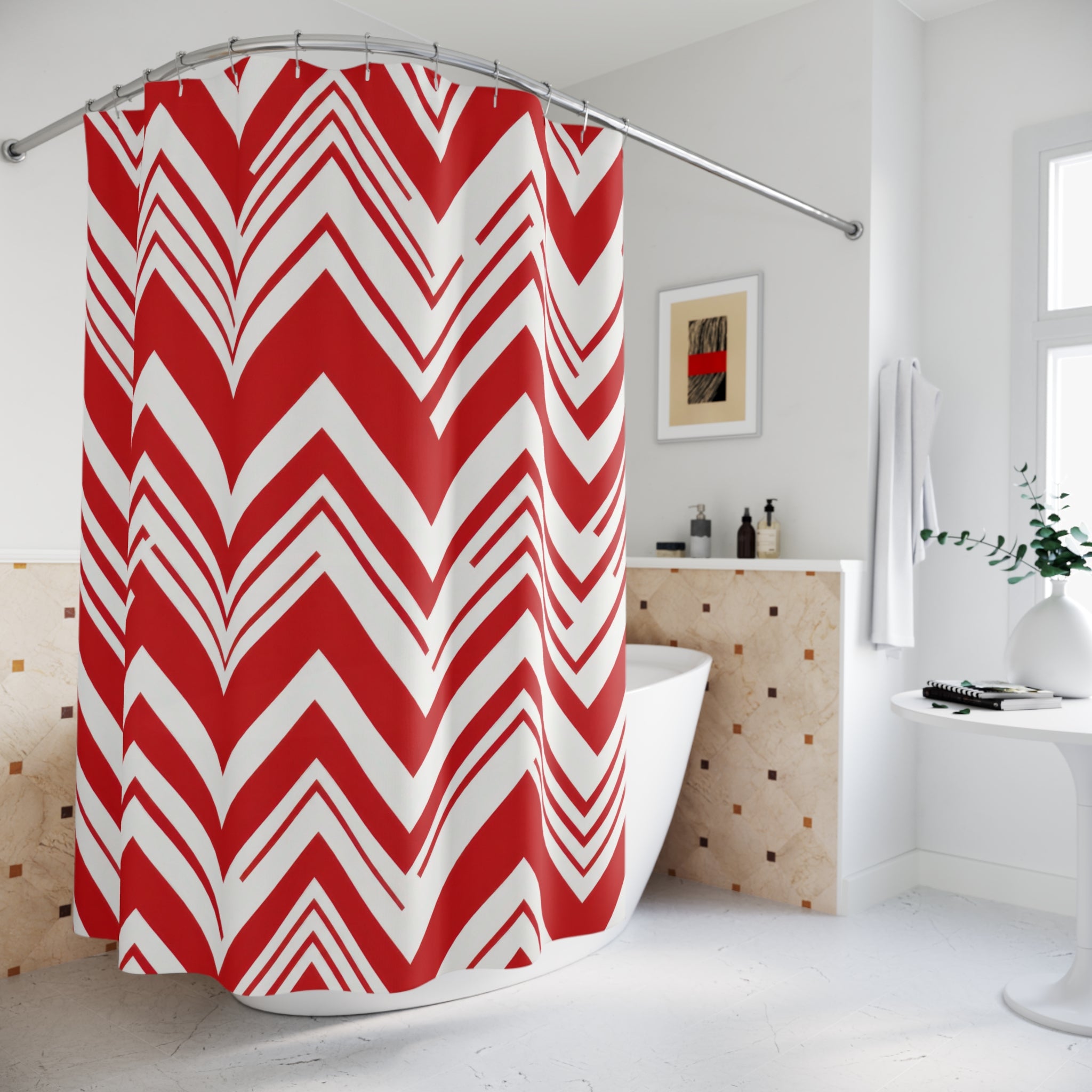 Red Chevron Shower Curtain, Bold Zig Zag Pattern, Red White Geometric Bath Decor, Modern Graphic Guest Bathroom Accent, Retro Style