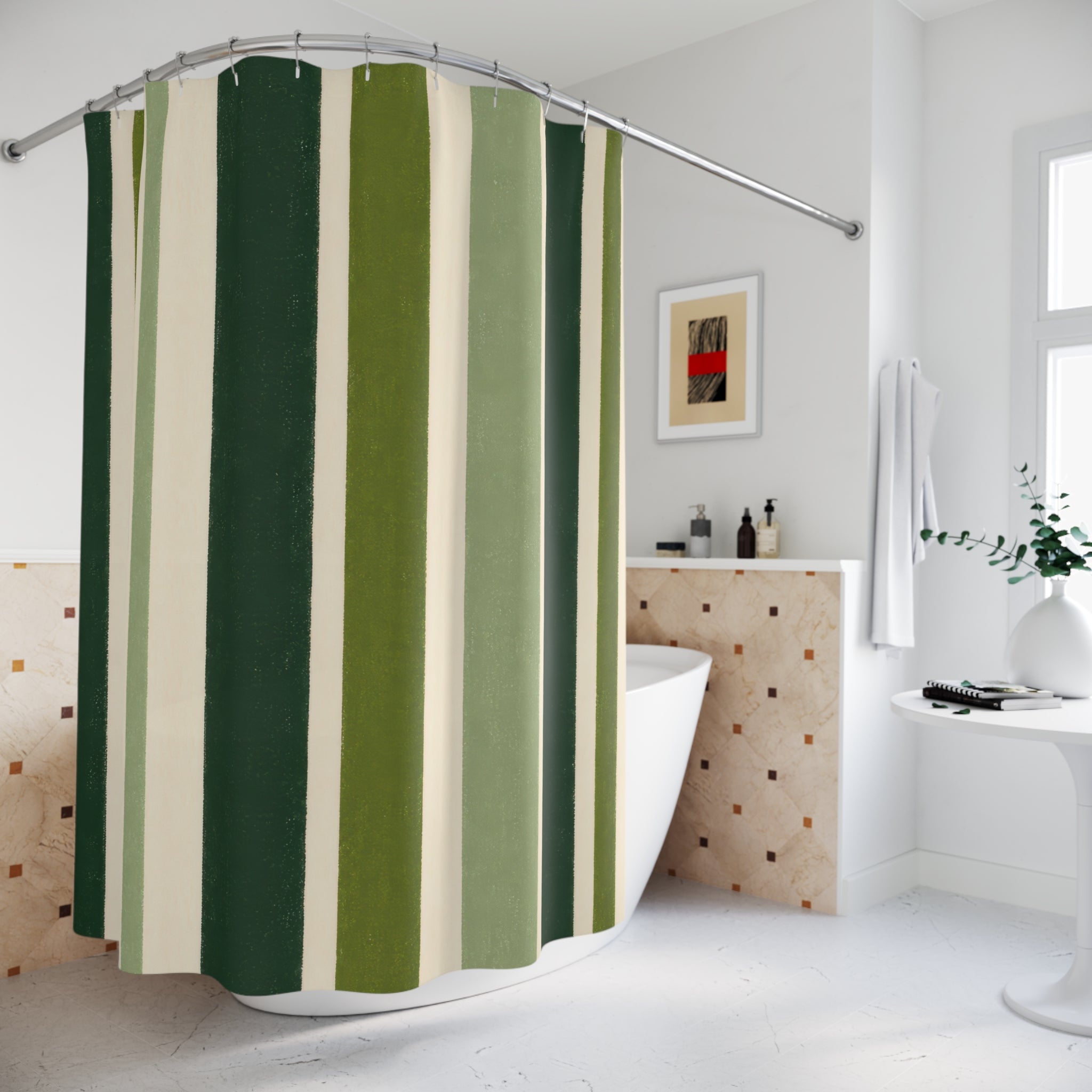 Forest Green Cream Cabana Stripe Shower Curtain