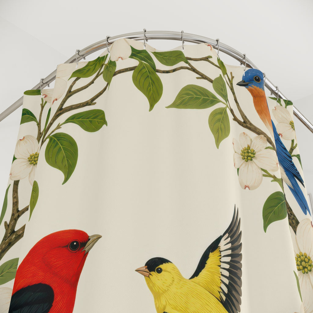 Tanager bluebird and goldfinch beneath dogwood blooms shower curtain with close-up print, hooks, and folds