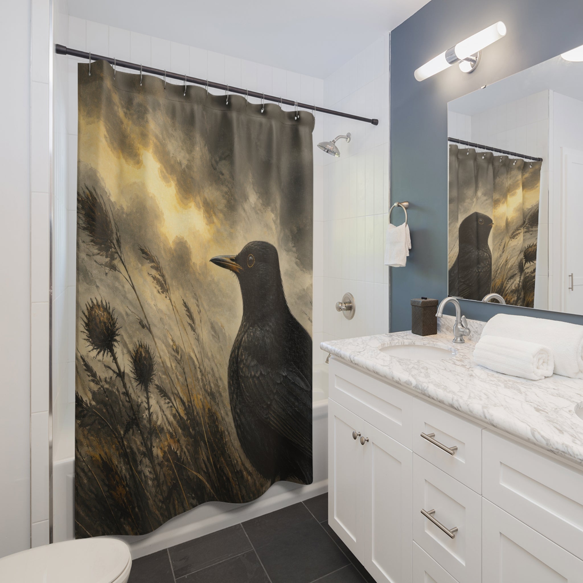 Blackbird portrait in windswept thistles under a golden storm shower curtain beside a white vanity