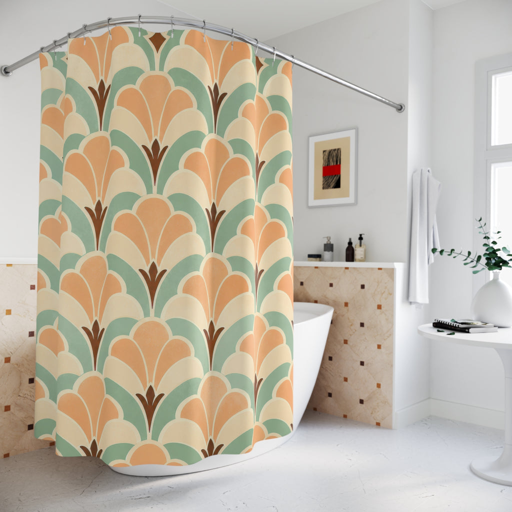 Retro Shower Curtain, Peach Mint Scallop Fan Pattern, Art Deco Bathroom Decor, Soft Peach Wall Decor Guest Bath Wall Gift For Home