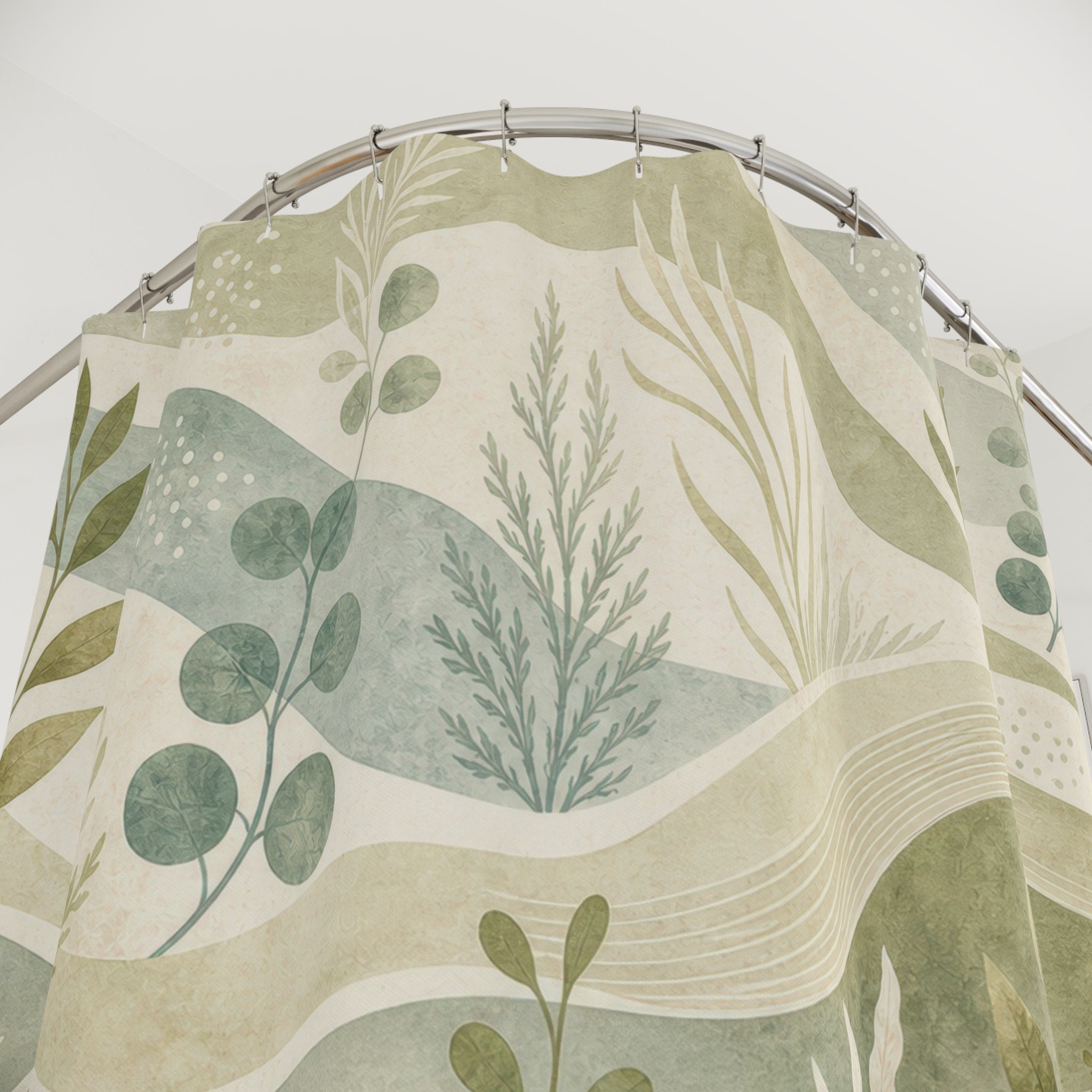 Olive Blue Coastal Waves Shower Curtain