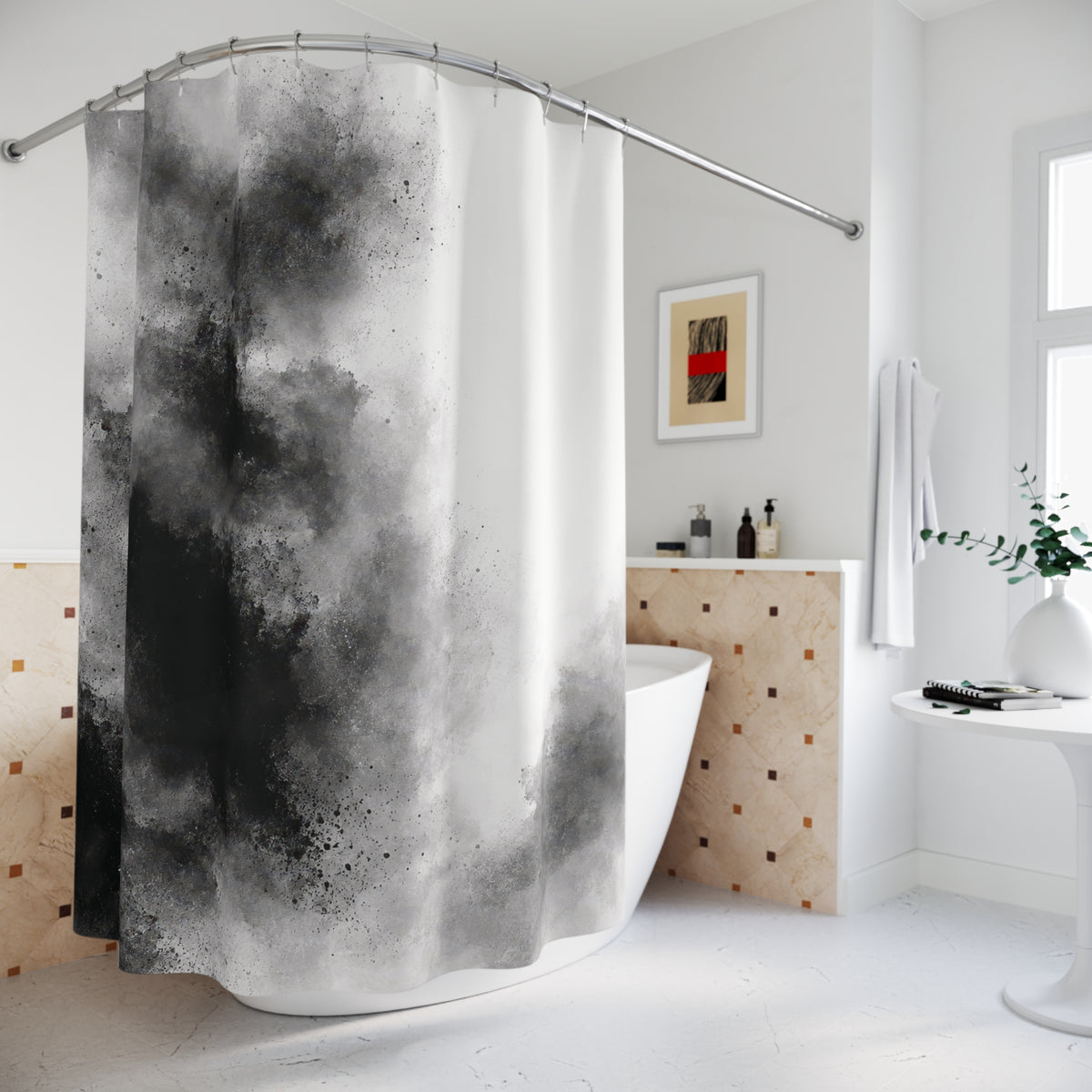 Black and gray granular ink washes beside open white space shower curtain beside a freestanding tub